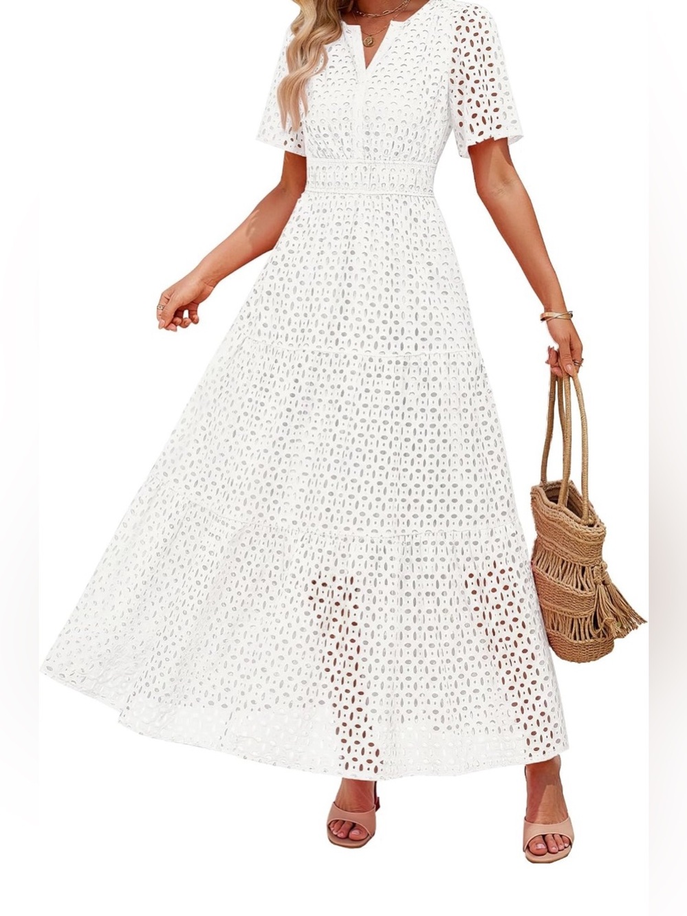ZESICA Short Sleeve Ruffle A Line Swing Maxi Dress Sz XL NWT Hollow Out Eyelet